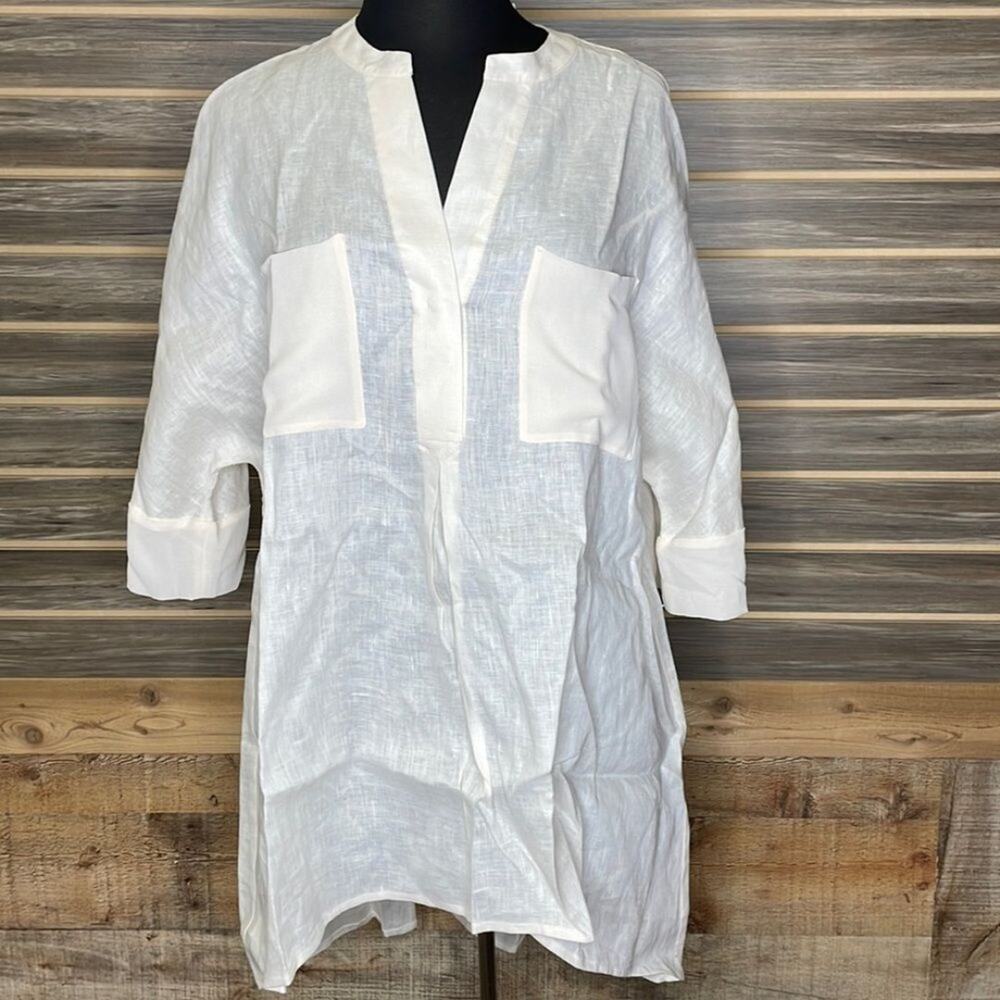 Anne Klein Women’s Linen Asymmetric Tunic Top Size M | Designer Blouse